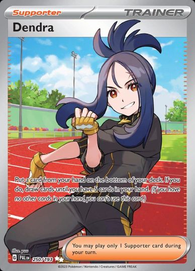 Dendra, a Trainer Supporter card from Pokémon with a confident pose on a track field.