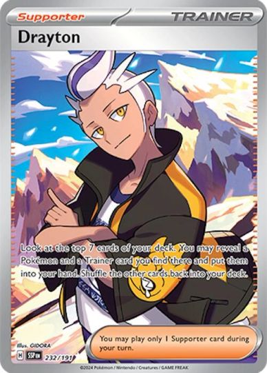 Drayton Trainer card from Pokémon with mountain background.