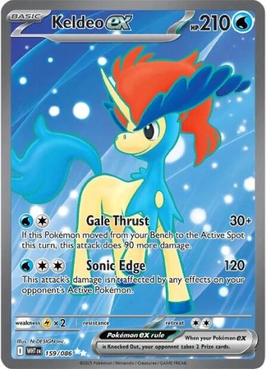 Keldeo ex Pokémon card with water-type moves and 210 HP.