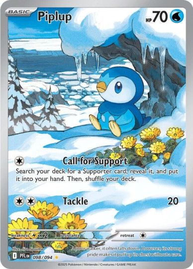 Piplup Pokémon card with snowy background and yellow flowers.