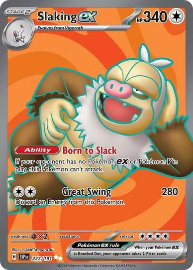Slaking EX Pokémon card with 340 HP and Born to Slack ability.