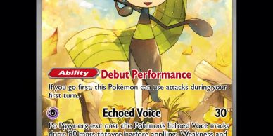 Close-up of a Pokémon card showing ability and attack details.