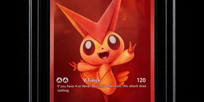 Close-up of a Pokémon card featuring Victini.