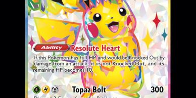 A colorful Pikachu-themed Pokémon card with unique abilities.