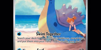 Misty with Lapras on a beach Pokémon card.