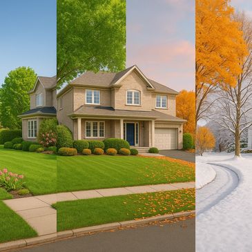 A house shown in four seasons: spring, summer, autumn, and winter.