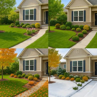 Four seasons showing a house and garden transitioning through spring, summer, fall, and winter.