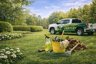 Lawn care tools and truck in a sunny garden.