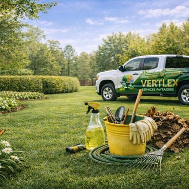 Gardening tools and equipment with a landscaping service truck in a lush garden.
