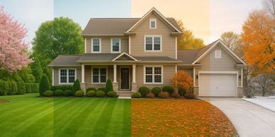 A house with a lawn showing all four seasons in one image.