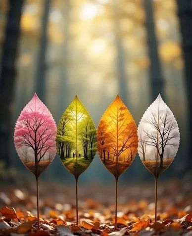 Four leaves depicting different seasons with tree silhouettes inside.