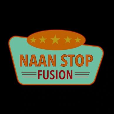 Logo for Naan Stop Fusion with stars and bold text on a teal and orange background.