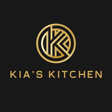 Elegant gold Kia's Kitchen logo on black background.