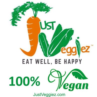 logo of vegetables that reads eat well, be happy, 100% vegan