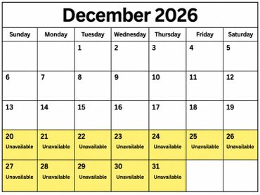 December 2026 calendar highlighting unavailable dates from December 20-31.