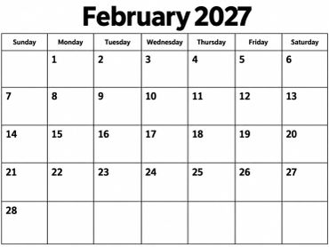 Calendar for February 2027.