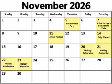 November 2026 calendar with highlighted social events.