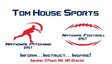 Logo for Tom House Sports featuring National Pitching East and National Football East.