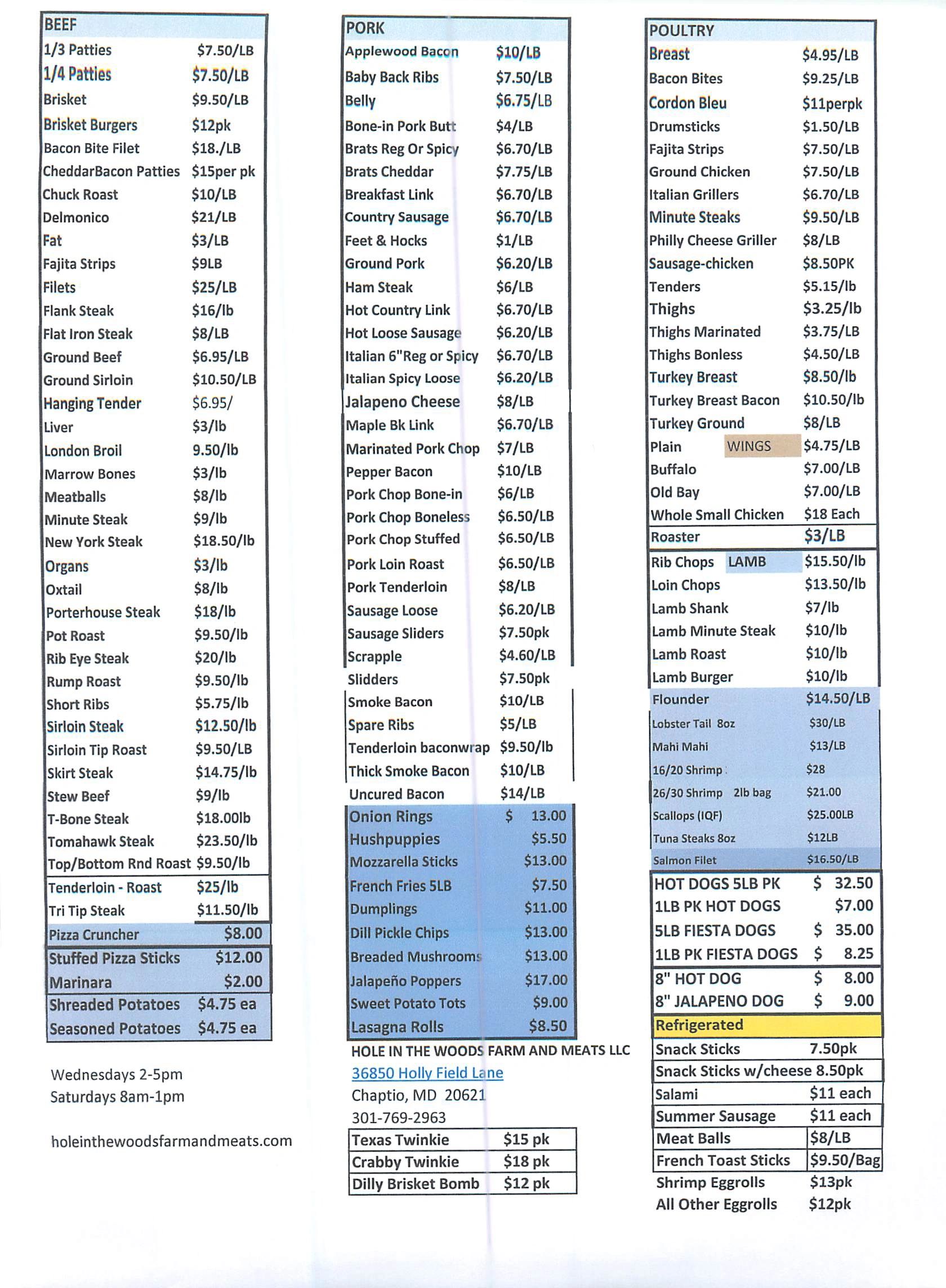Farm and Meats price list for beef, pork, and poultry cuts with sides and snacks.