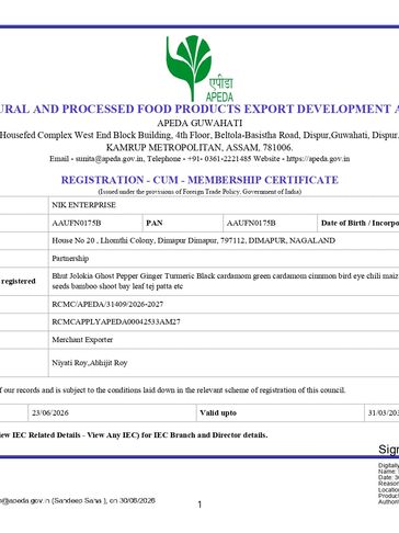 Certificate of registration for NIK Enterprise as an exporter of spices from APEDA.
