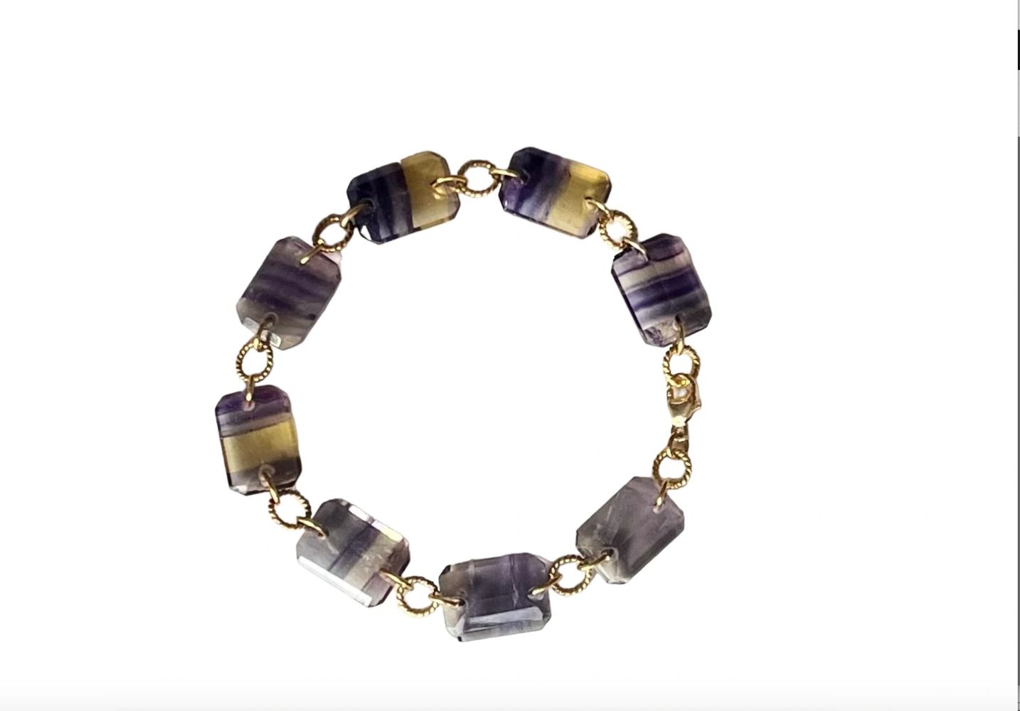 Double-drilled fluorite rectangle beads with gold link bracelet