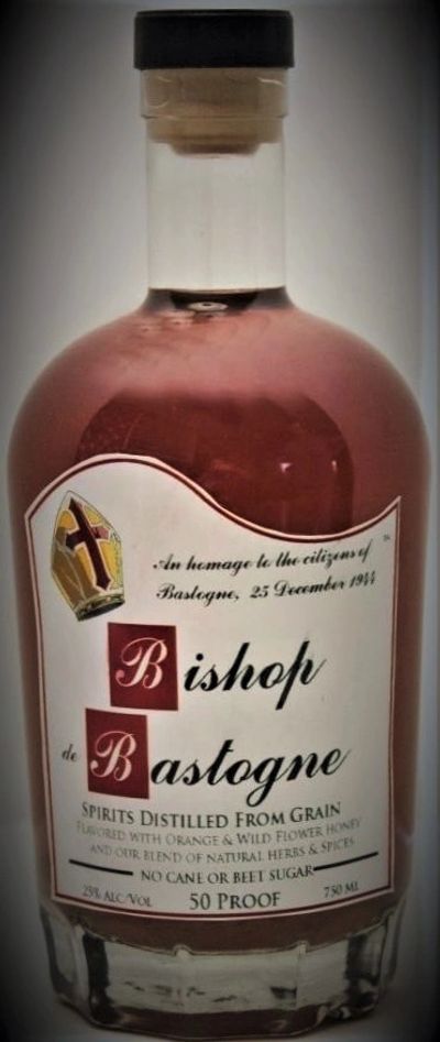 Bottle of Bishop de Bastogne. Front of bottle with label visible.