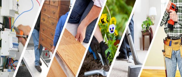 Collage showing various home improvement activities like wiring, moving furniture, flooring, gardening, cleaning, and drilling.
