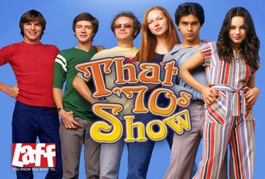 Cast of That '70s Show posing together with the show logo.