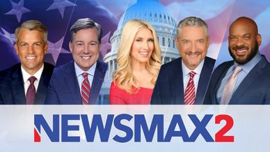 Five Newsmax2 anchors in front of the U.S. Capitol and flag.