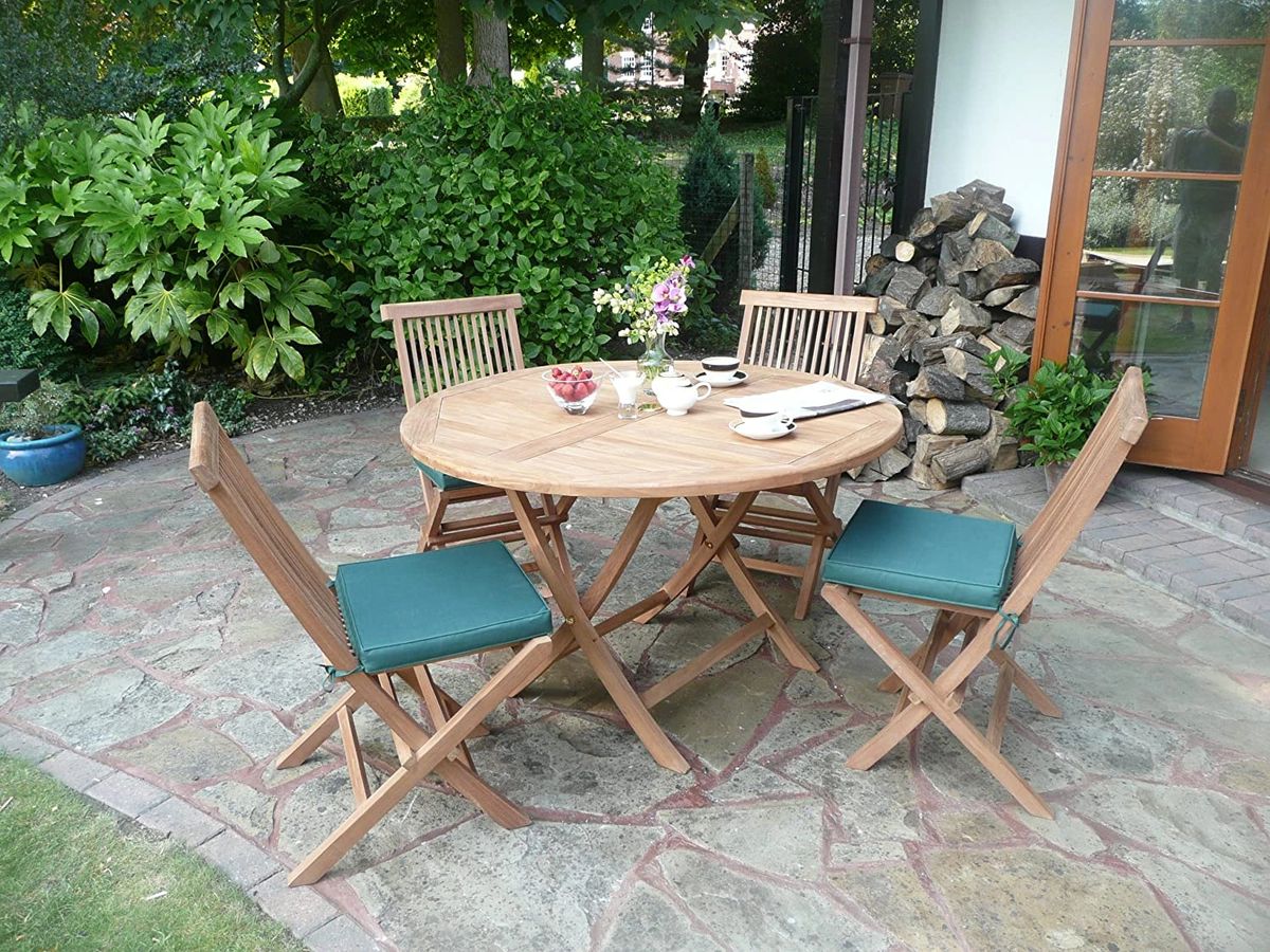 HANOVER 4 SEATER TEAK ROUND TABLE Patio Dining Set - 1.2 Metre Table & 4  Folding Chairs