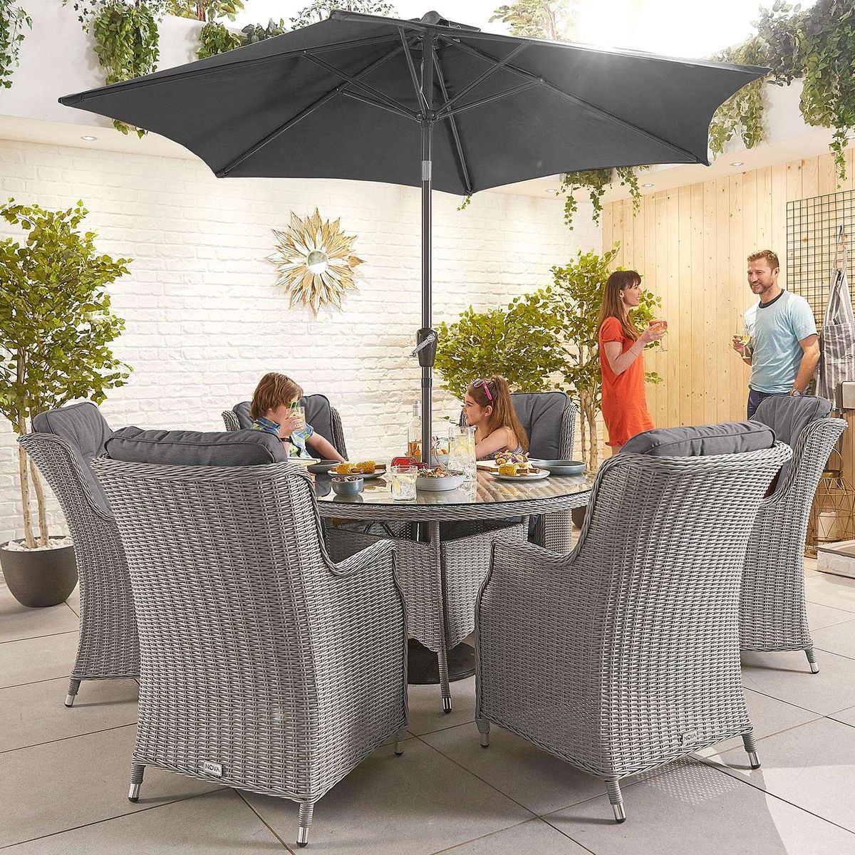 OFFLEY Thalia 6 Seat Round Table Dining Set - 135cm Round Table WHITE WASH  with GREY Cushions