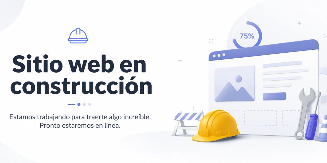 Imagen que anuncia un sitio web en construcción con herramientas y casco.