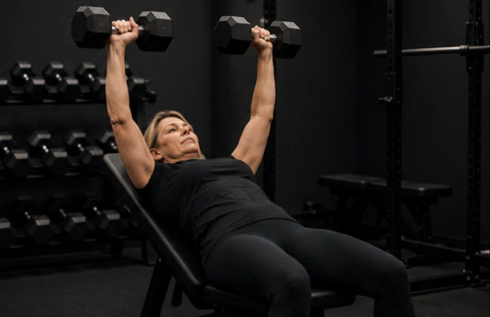 Woman lifting dumbbells on an incline bench at the gym.