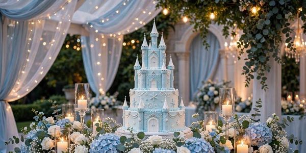 Elegant castle-themed cake surrounded by flowers and candles.