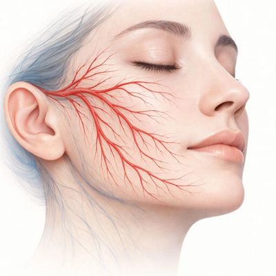 Illustration of facial blood vessels on a woman's face.