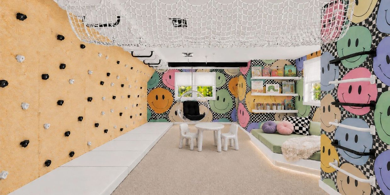 Custom playroom design with ceiling tunnel net, climbing wall, reading nook, art station, and imagin