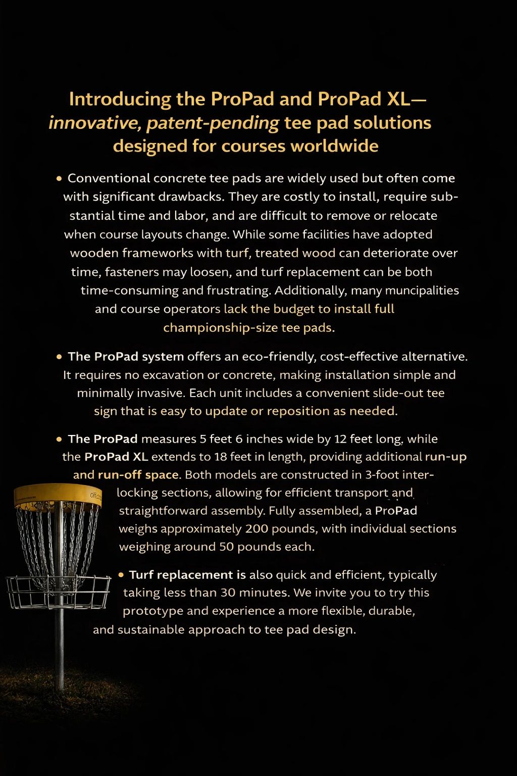 Introducing ProPad and ProPad XL, innovative tee pad solutions for disc golf courses worldwide.