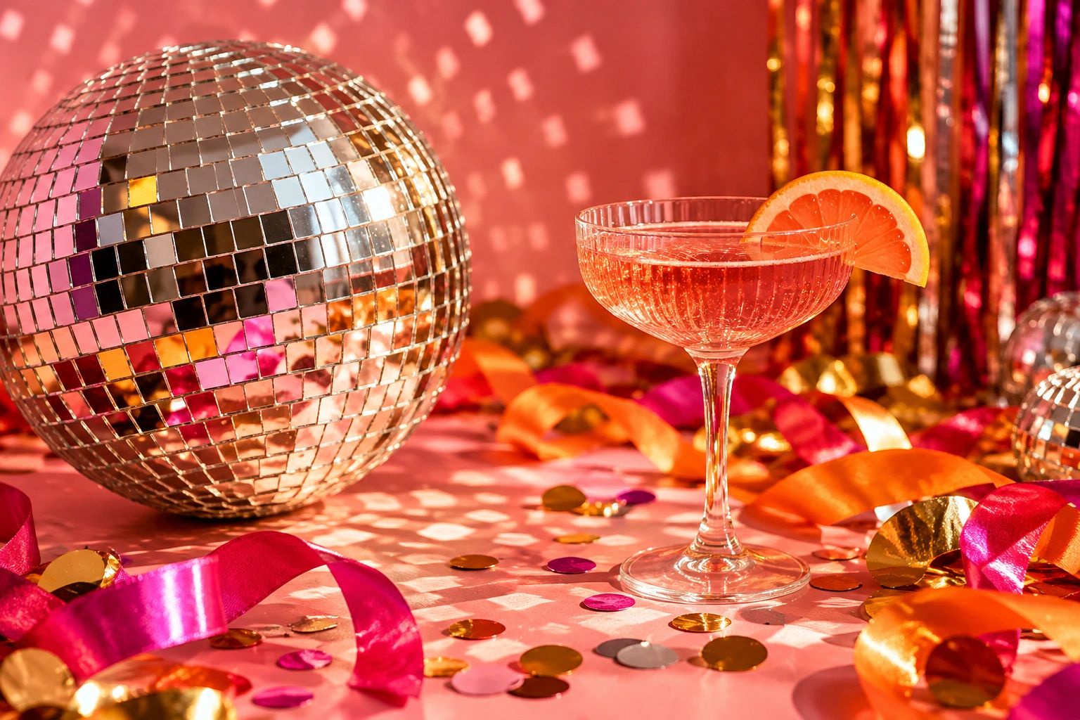 Festive cocktail next to a disco ball and colorful decorations.