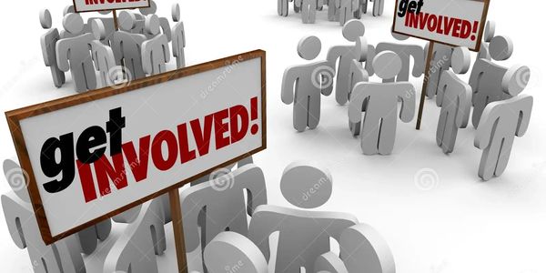 Groups of figures holding signs that say 'Get Involved!'