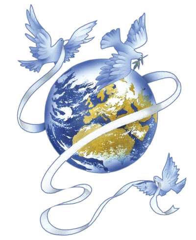 Earth surrounded by white doves and flowing ribbons symbolizing peace.
