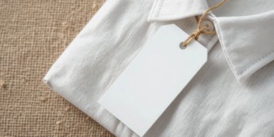 A white folded shirt with a blank white tag on burlap fabric.