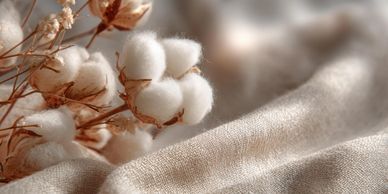 Close-up of cotton bolls with soft fabric background.