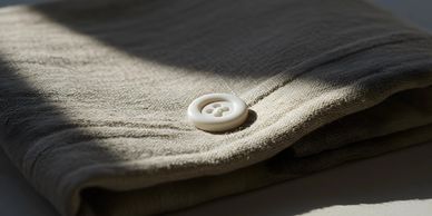 Close-up of a beige fabric with a white button in soft light.