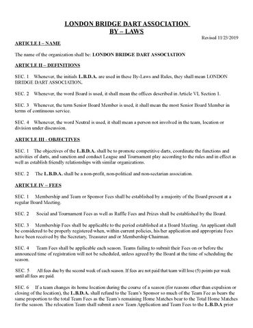 Document titled 'London Bridge Dart Association By-Laws' outlining rules and definitions.
