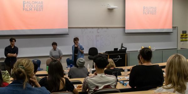 Panel discussion at Palomar College Film Fest with audience engagement.
