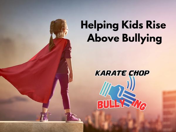 A girl in a red cape stands strong against bullying with a karate chop symbol. Bully prevention programs confidence training empowering kids