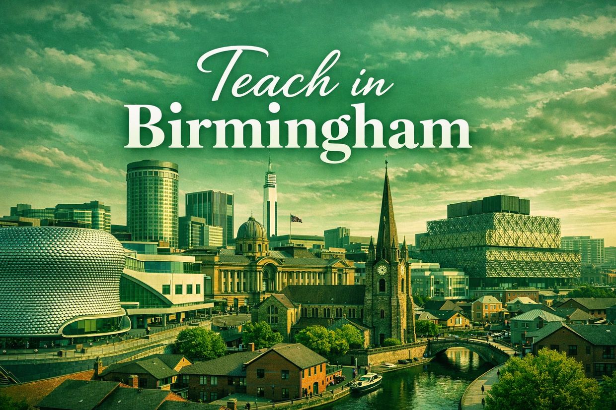 Birmingham cityscape with iconic buildings and a call to teach in Birmingham.