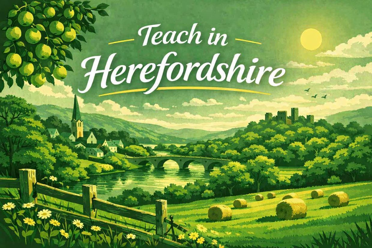 Scenic countryside of Herefordshire with a bridge, village, and hay bales under the sun.