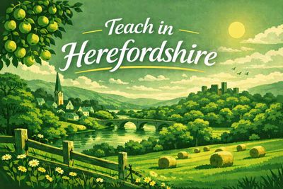 Scenic countryside of Herefordshire with a bridge, village, and hay bales under the sun.