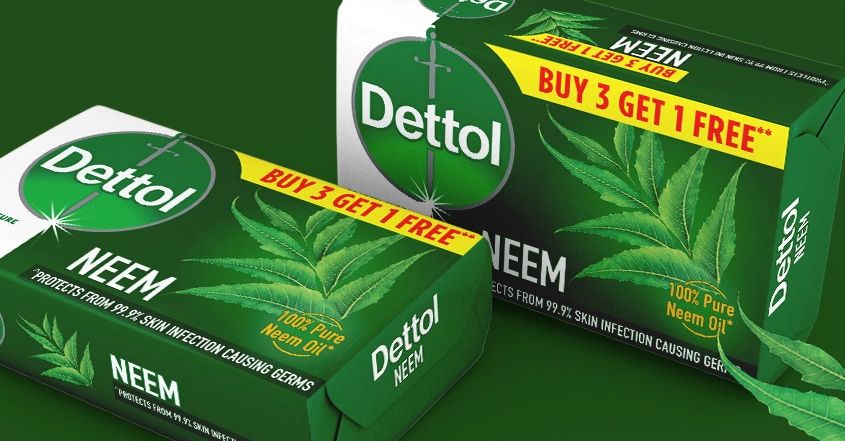 Dettol Neem soap bars with 100% pure neem oil, buy 3 get 1 free offer.
